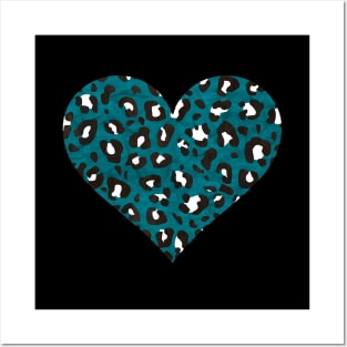 Peacock Blue, Black and White Leopard Print Heart Posters and Art